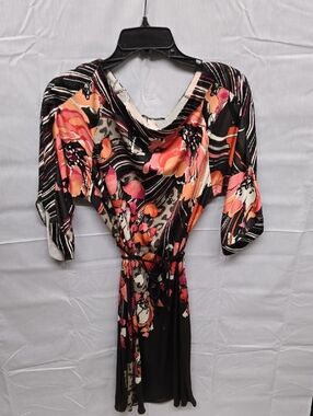 Ekie Tahari Floral Print Black & Coral Women's Jersey Dress Large